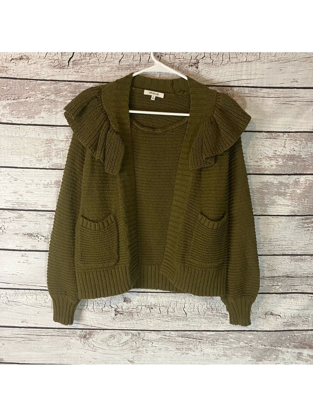 Madewell Ruffle Cardigan Sweater In Green - Picture 2 of 12